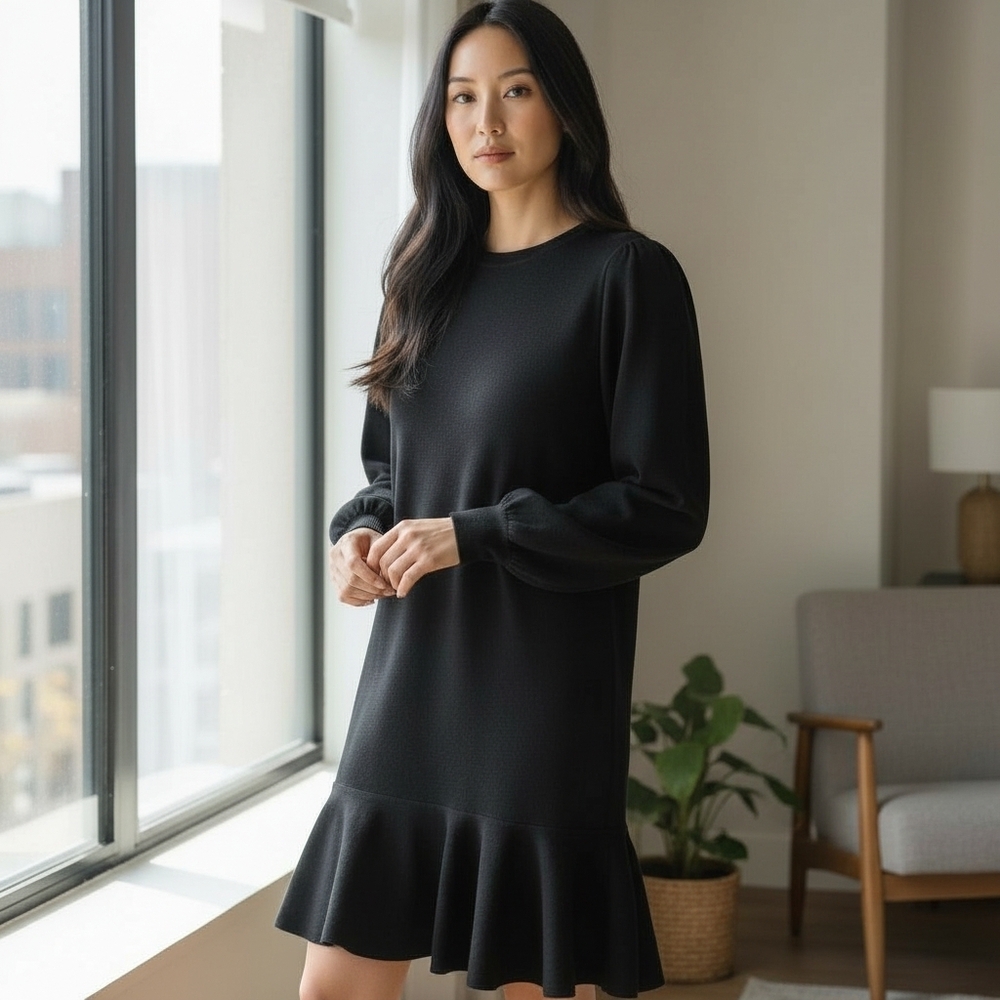 J. Crew Women's Black Merino Wool Blend Knot/Twist Back Midi Dress
